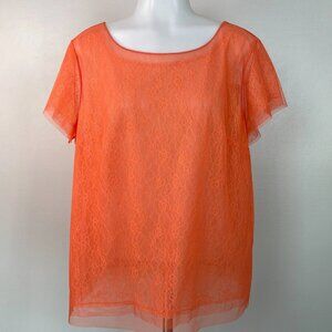 Ann Taylor Top Large Orange Mesh Lace Short Sleeve Sheer Women's